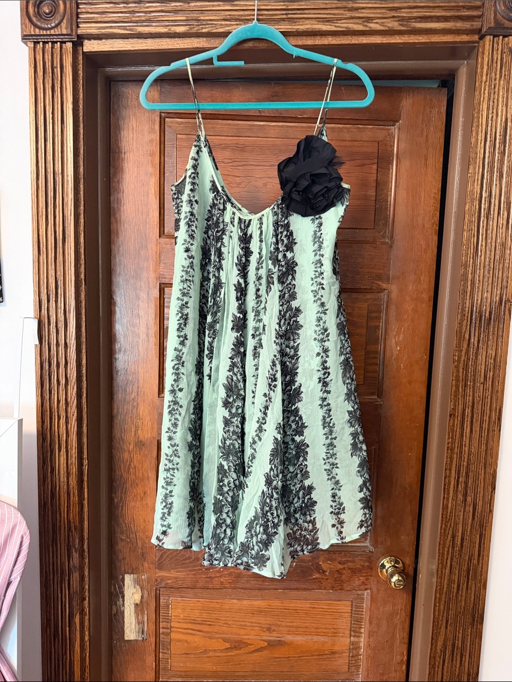 Parker Mint Green Mini Dress with Black Floral Accents